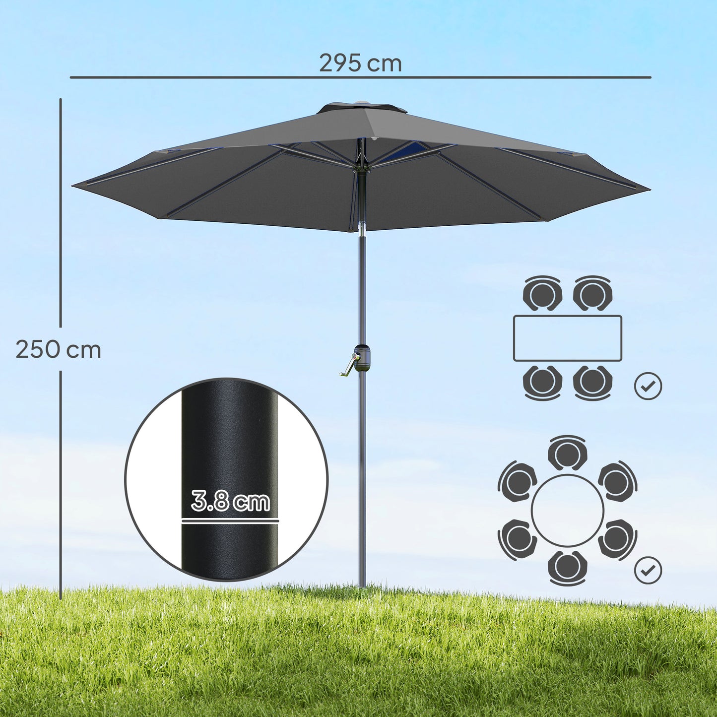 3(m) Tilting Parasol Garden Umbrellas, Outdoor Sun Shade with 8 Ribs, Tilt and Crank Handle for Balcony, Bench, Garden