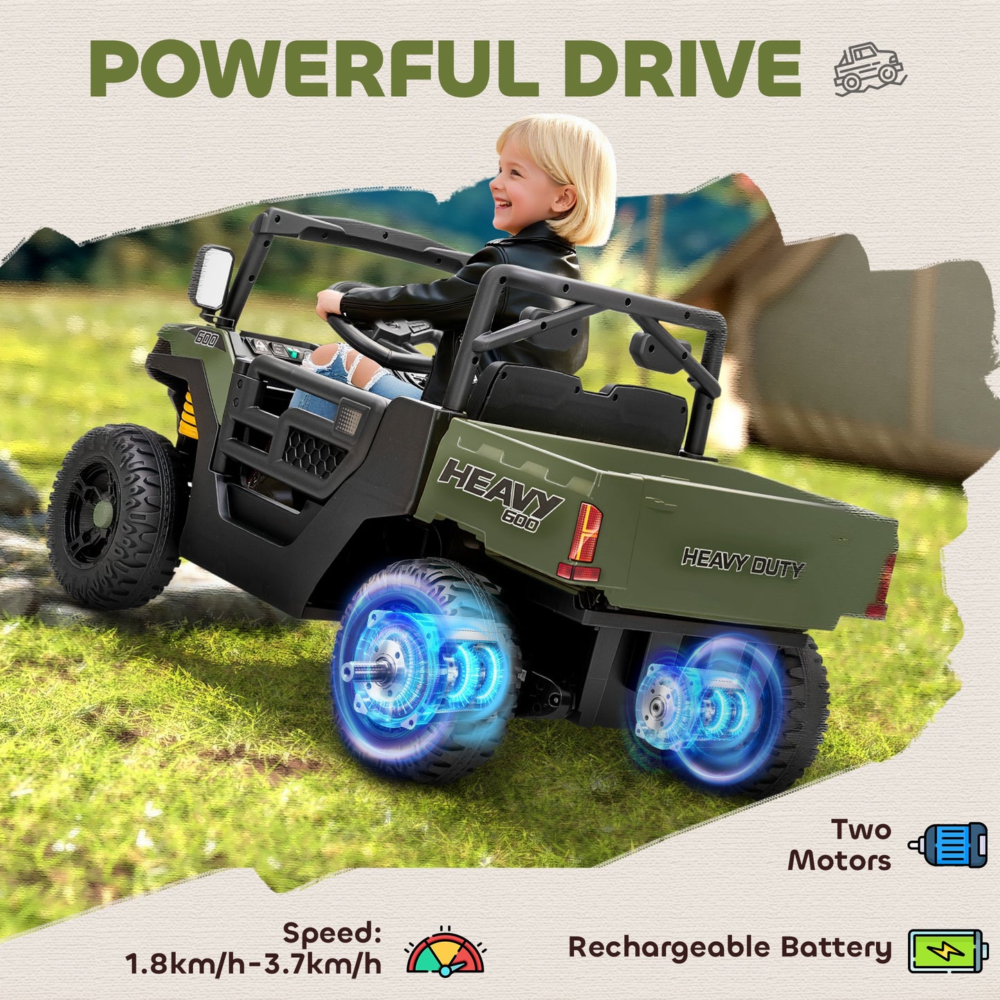 Kids Ride on Car, 12V Electric Kids UTV with Electric Dump Bed, 4-Wheel Suspension for 3-8 Years, Green