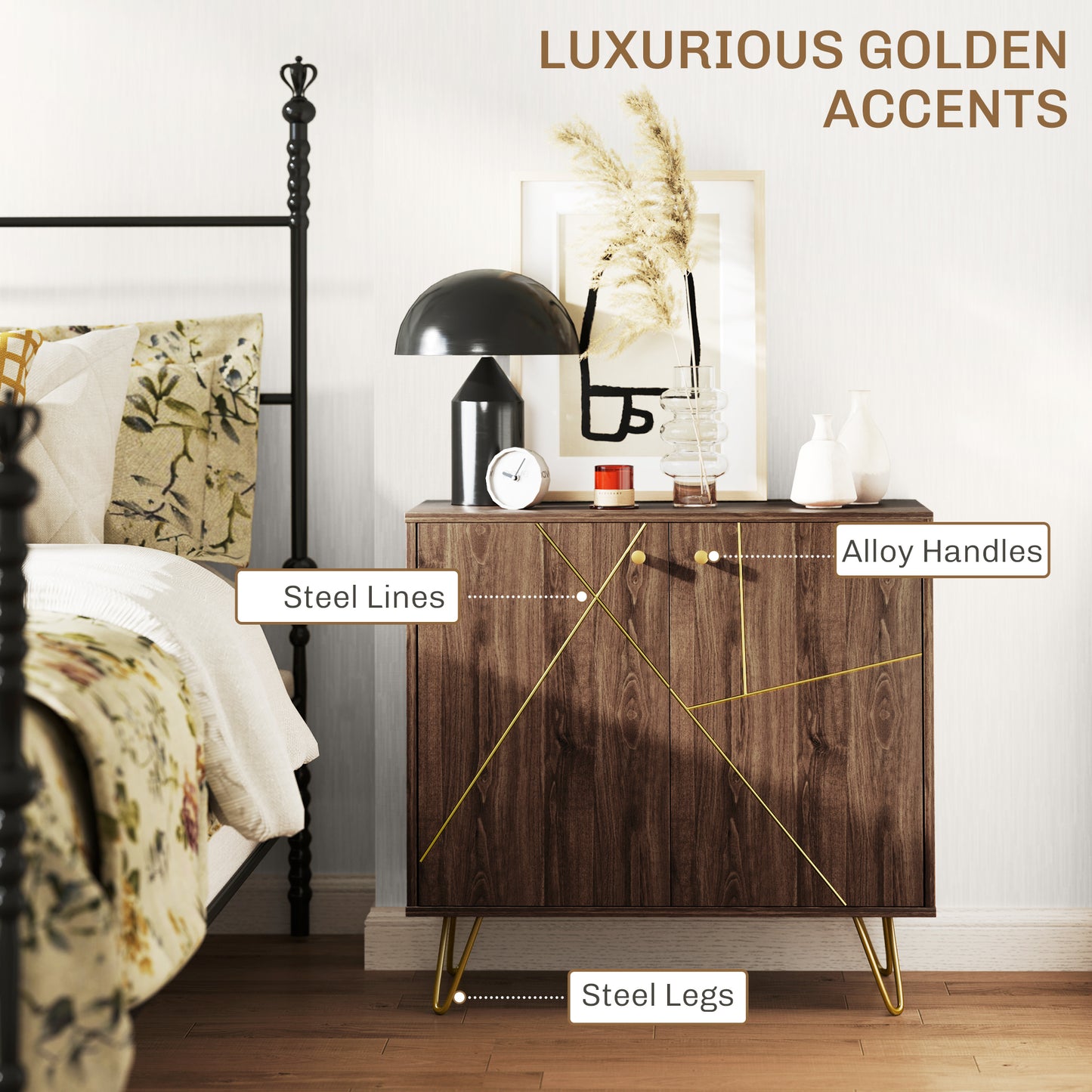 Sideboard Storage Cabinet with Golden Lines, Modern Luxury Living Room Cabinet with Adjustable Shelf, Steel Harpin Legs
