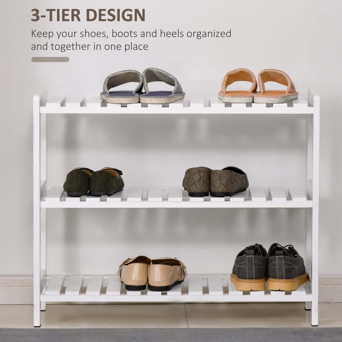 3-Tier Shoe Rack Wood Frame Slatted Shelves Spacious Open Hygienic Storage Home Hallway Furniture Family Guests 70L x 26W x 5