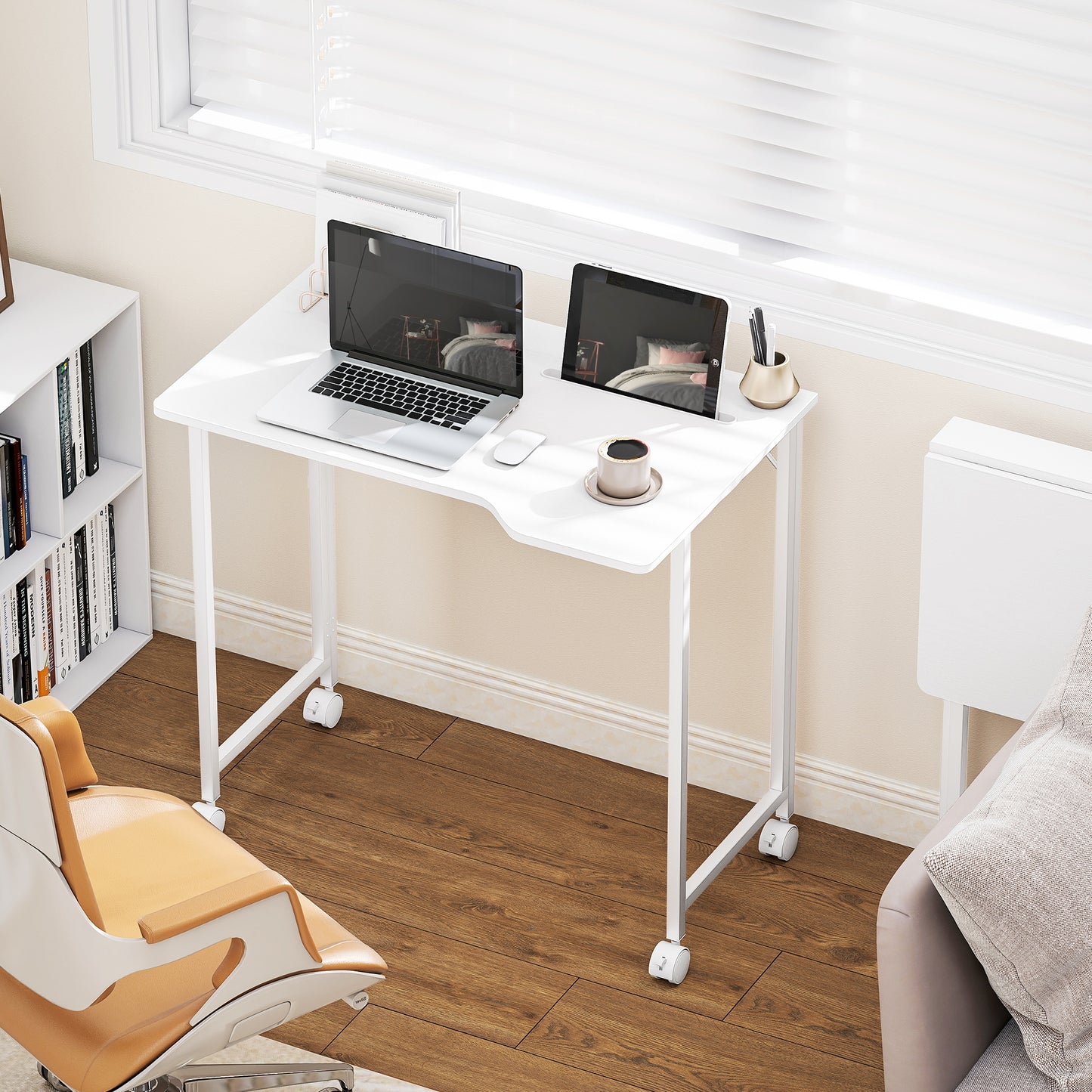 Small Folding Desk, with Wheels - White Wood-Effect