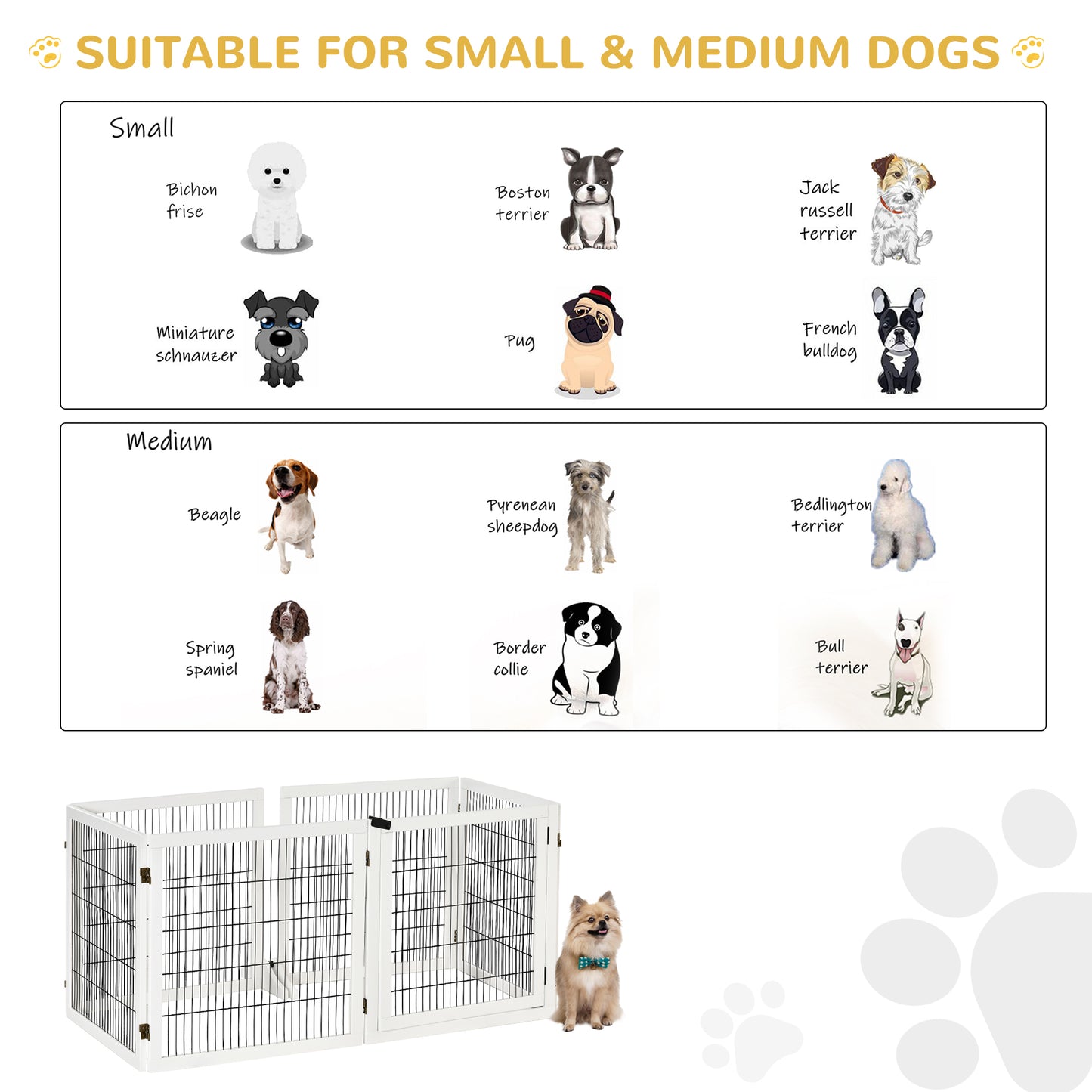 Wooden Pet Gate, Freestanding Dog Safety Barrier with 2 Support Feet, White