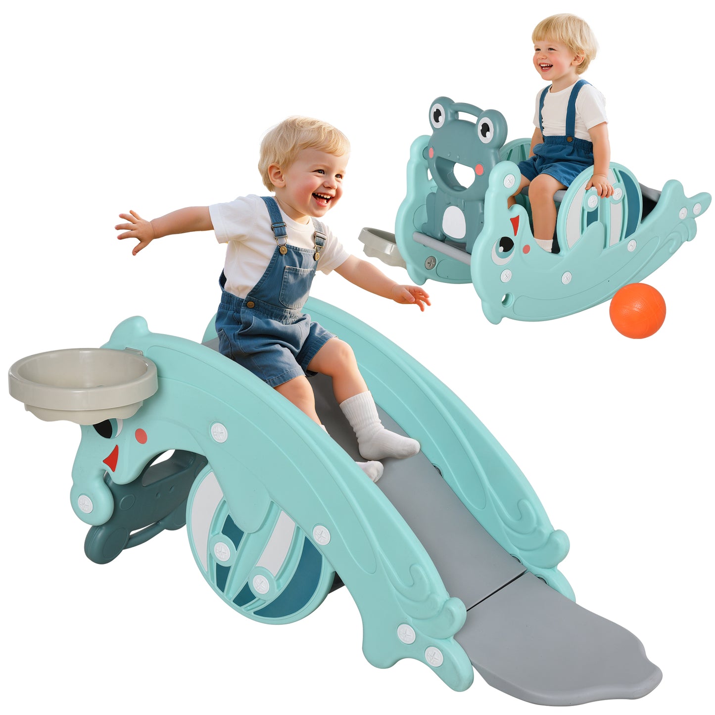 3-in-1 Baby Rocking Horse Portable Slide Basketball Hoop Equipment Indoor Outdoor Playground Toy, Age 18-36 Months, Green