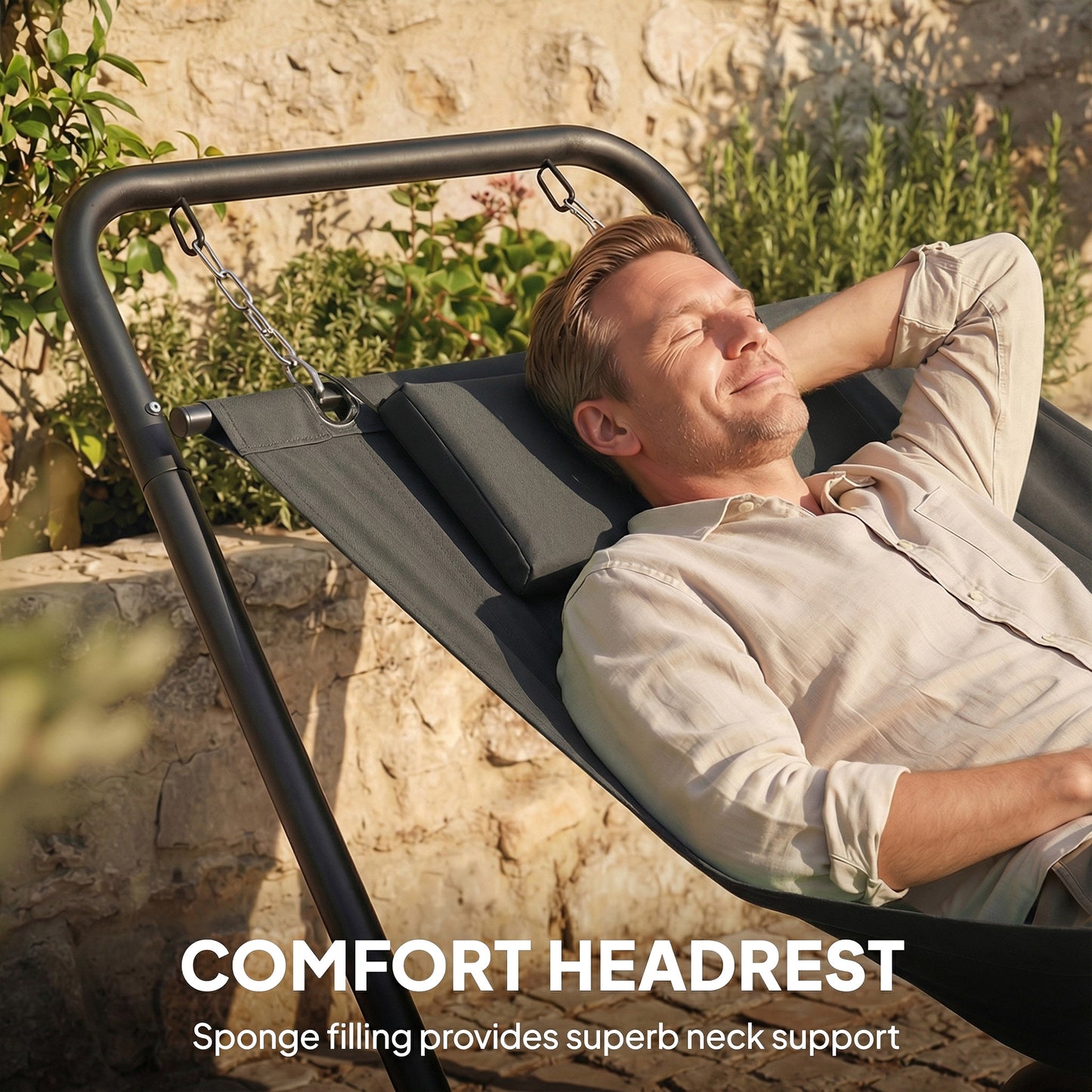 Outdoor Hammock with Stand, Freestanding Hammock with Side Pocket, Headrest for Patio, Balcony, Porch, Dark Grey