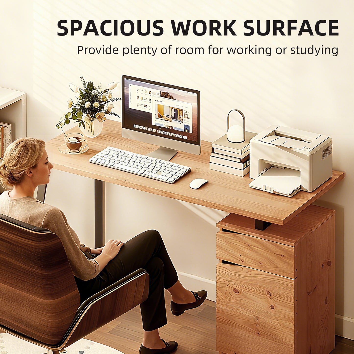 Computer Desk, Writing Desk with Cabinet, Drawer, Metal Legs, Work Table for Home Office Study, Natural Wood Finish