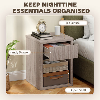 Modern Bedside Table Set of 2, Bedside Cabinet with Drawer and Open Shelf, Side End Table, Nightstand for Bedroom, Oak
