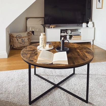 Round Coffee Table, Industrial Side Table with Metal Frame, Large Coffee Tables for Living Room, Bedroom, Rustic Brown