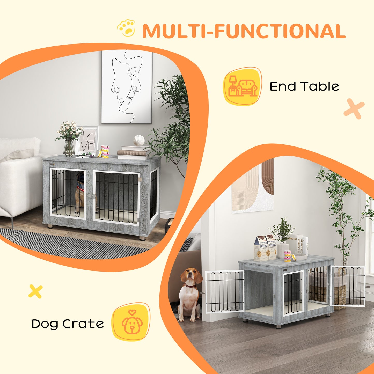 Dog Crate Furniture End Table, with Washable Cushion, Double Doors, for Medium/Large Dogs, Grey