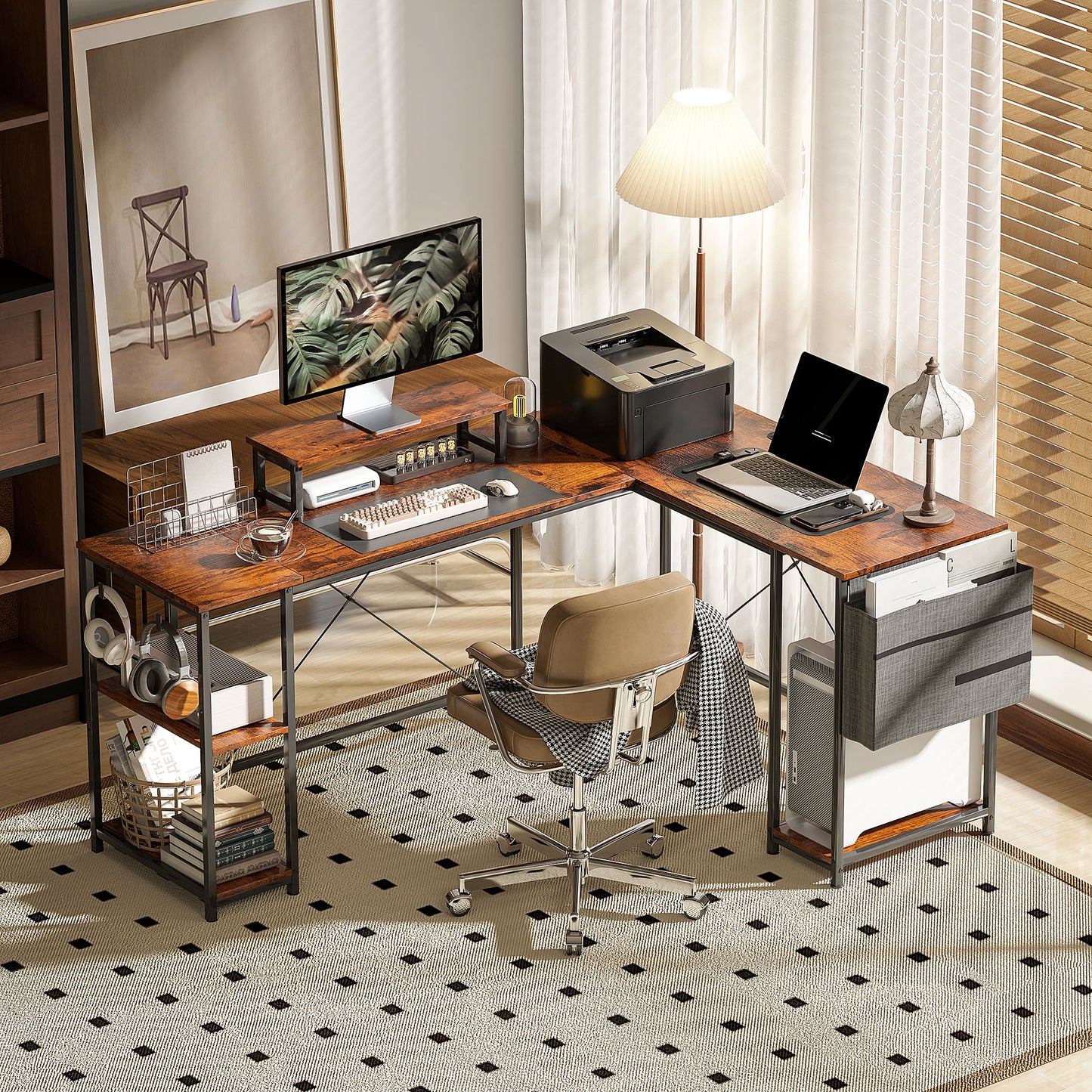 168cm Reversible L Shaped Desk, Industrial Corner Computer Desk with Adjustable Shelf and Storage Bag