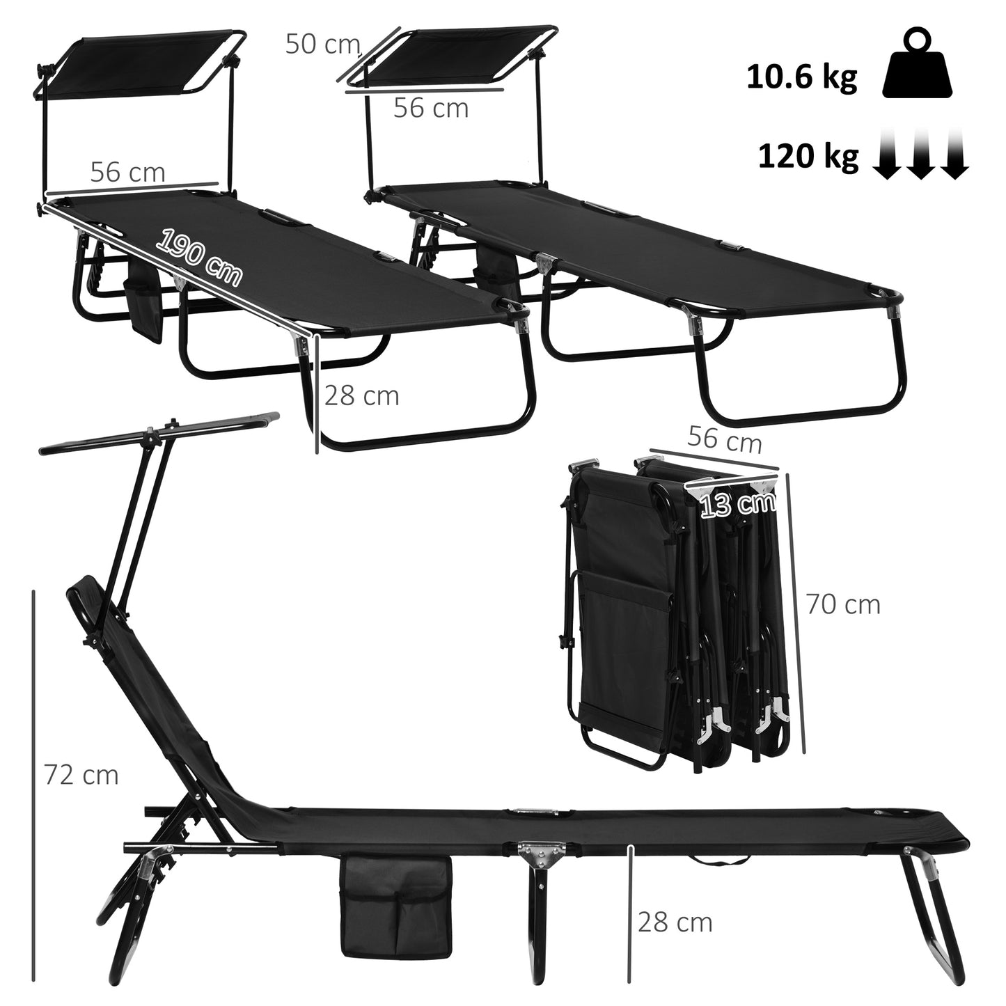 Set of Two Folding Sun Loungers, with Adjustable Backs and Sun Canopies - Black
