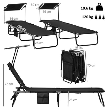 Set of Two Folding Sun Loungers, with Adjustable Backs and Sun Canopies - Black