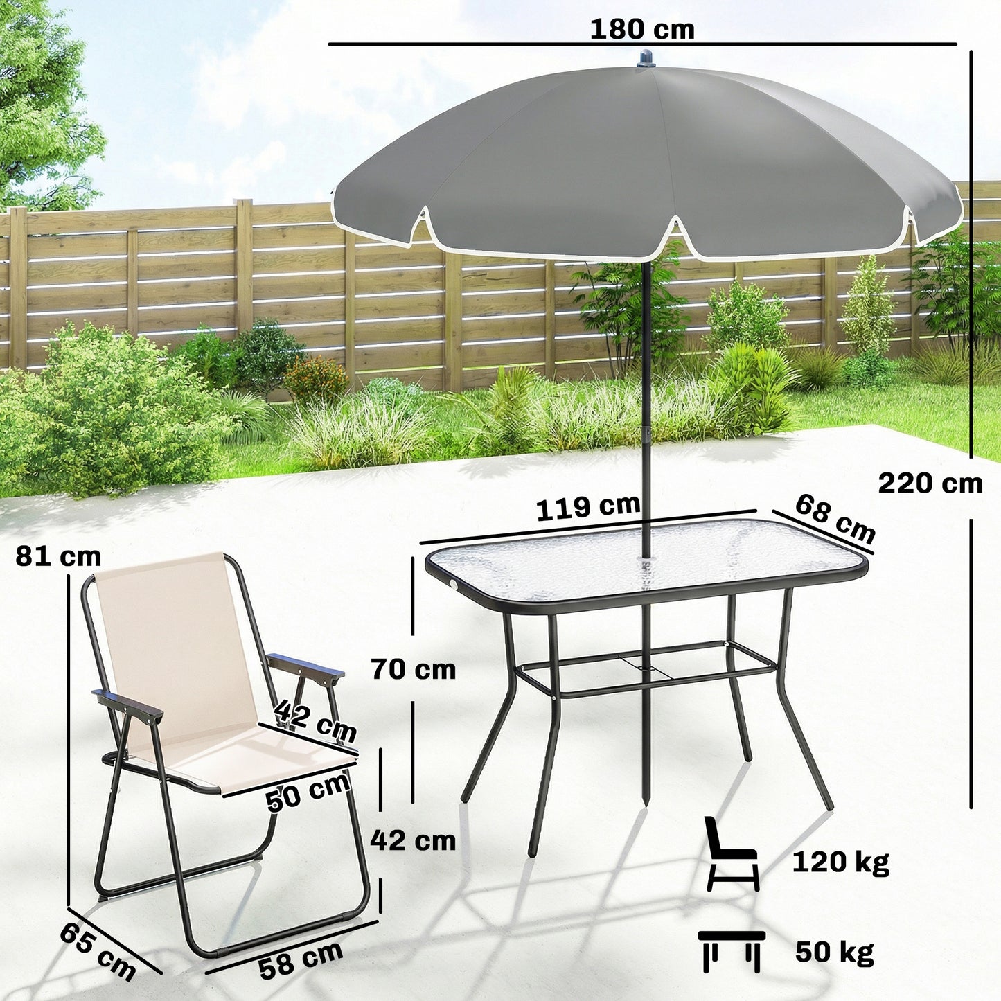 8 Piece Garden Dining Set with Umbrella Garden Furniture Set with 6 Folding Chairs, Tempered Glass Table for Patio Cream