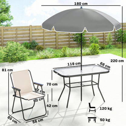 8 Piece Garden Dining Set with Umbrella Garden Furniture Set with 6 Folding Chairs, Tempered Glass Table for Patio Cream
