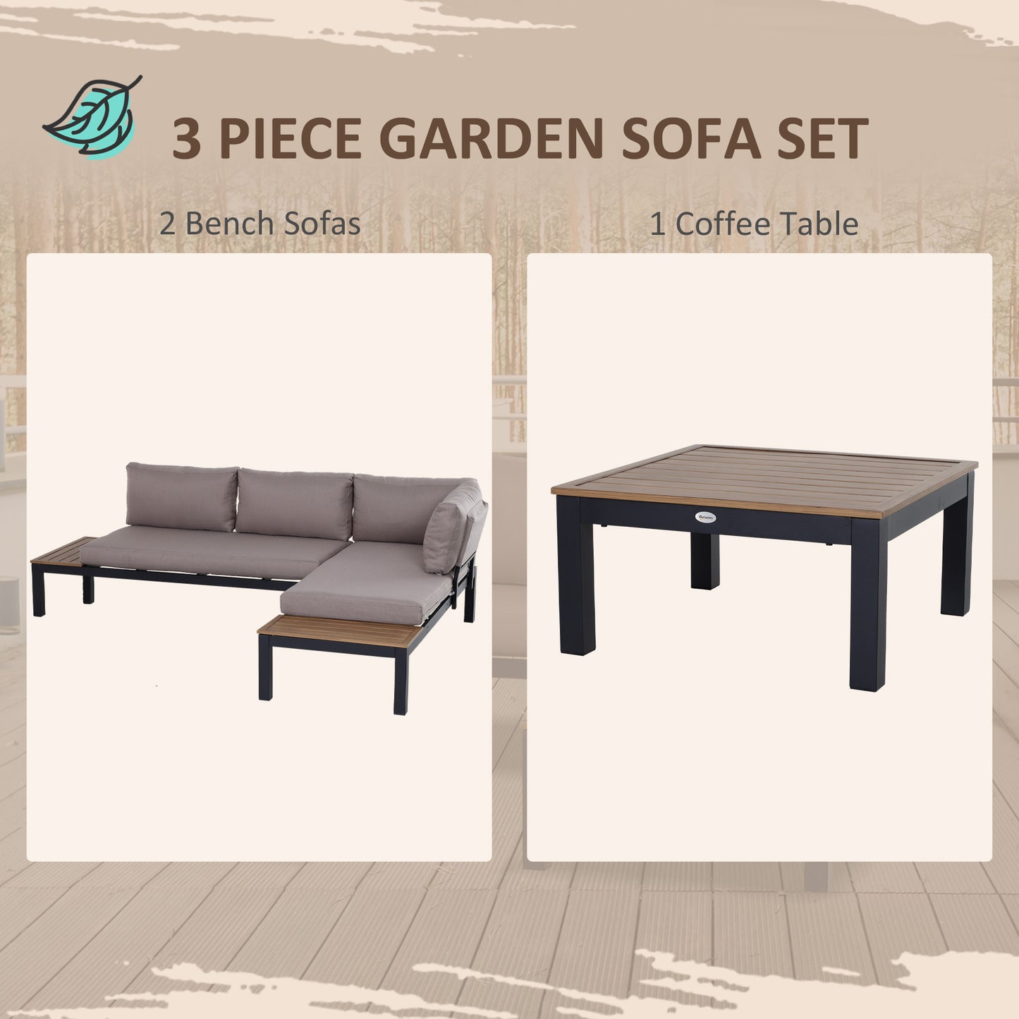 3 Pieces Garden Furniture Set, Aluminium 4 Seater Corner Sofa Set with 2 Loveseats, Black