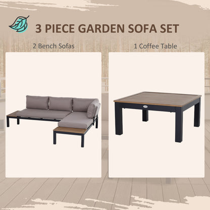3 Pieces Garden Furniture Set, Aluminium 4 Seater Corner Sofa Set with 2 Loveseats, Black