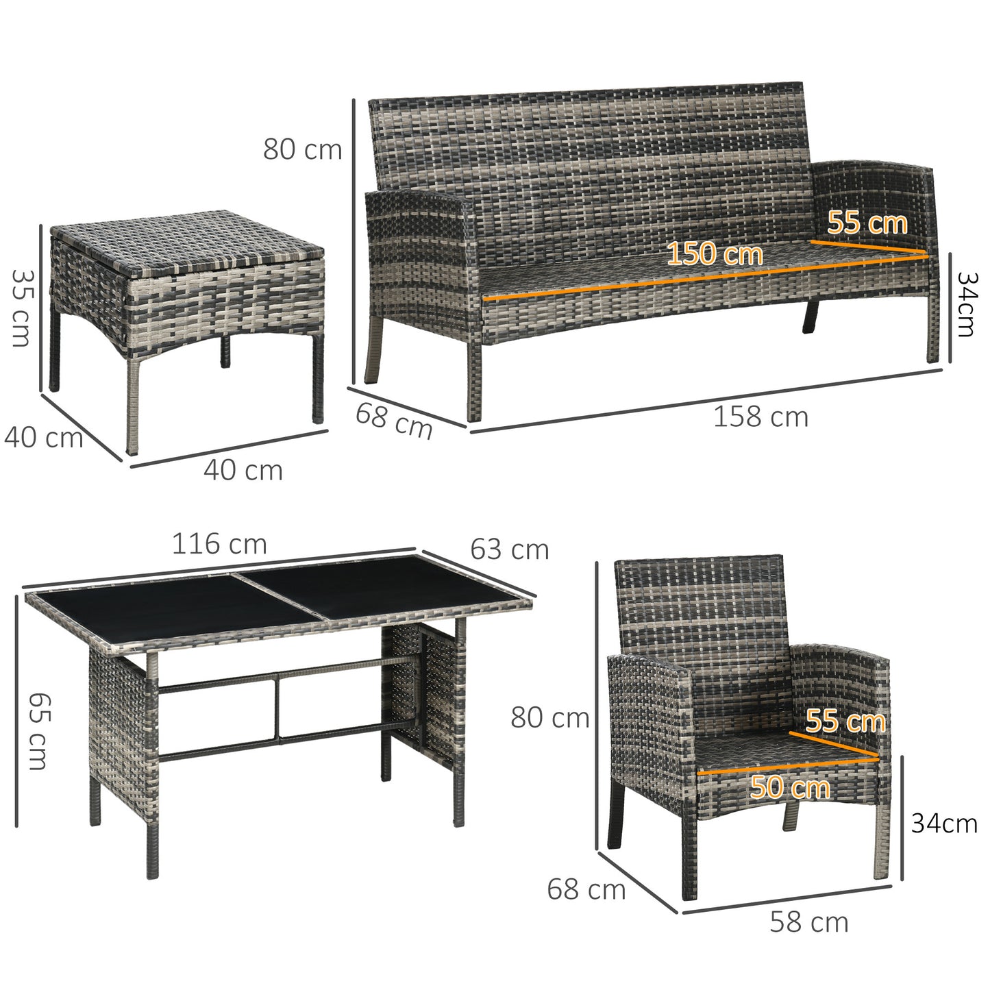 5 Seater Rattan Garden Furniture Set, 2 Armchairs, 3-Seater Wicker Sofa, 2 Footstools and Glass Table