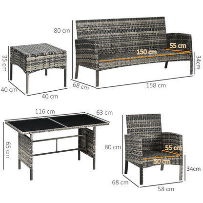 5 Seater Rattan Garden Furniture Set, 2 Armchairs, 3-Seater Wicker Sofa, 2 Footstools and Glass Table