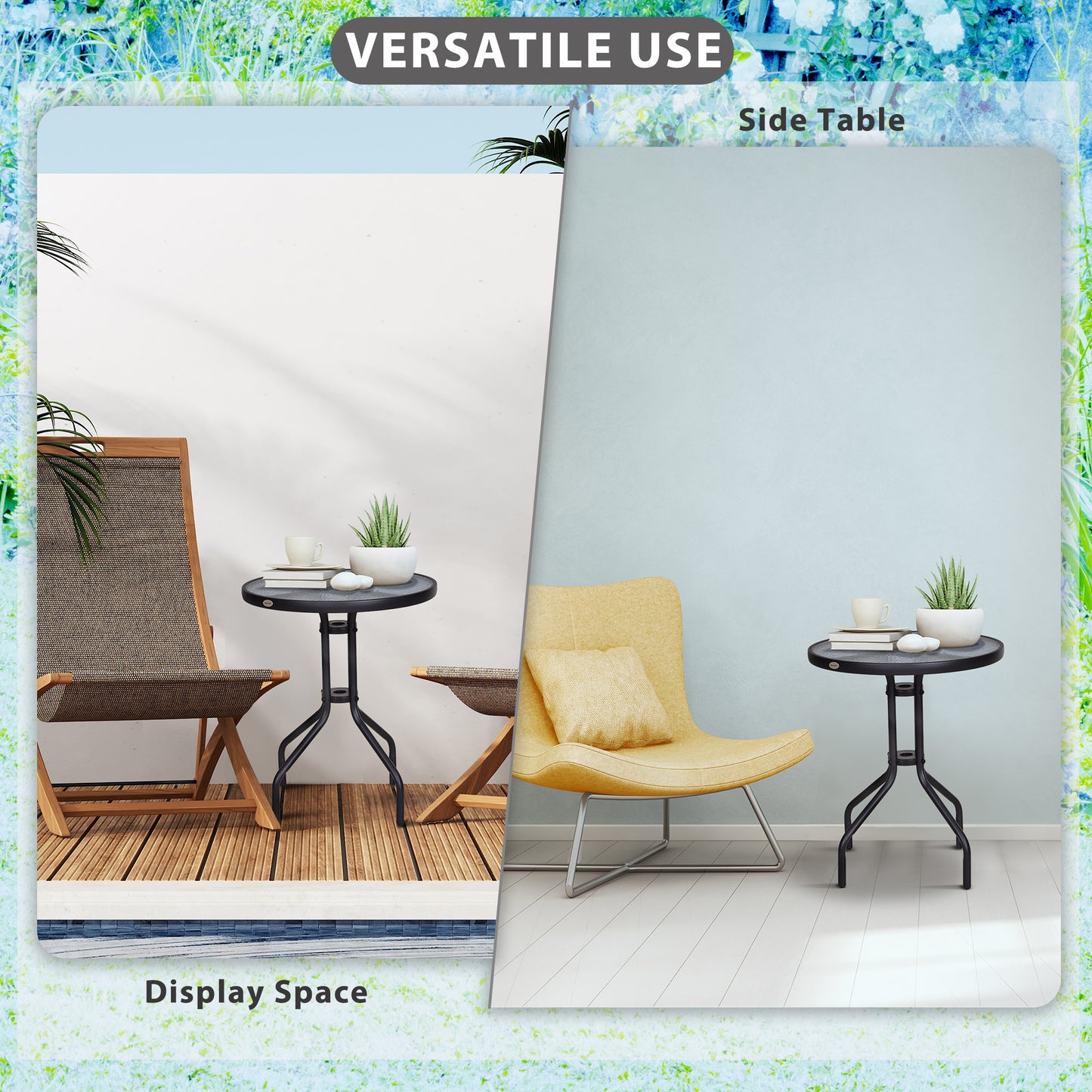 Bistro Coffee Table Outdoor Tempered Glass Top Table Garden Round Dining Table - 60cm Diameter