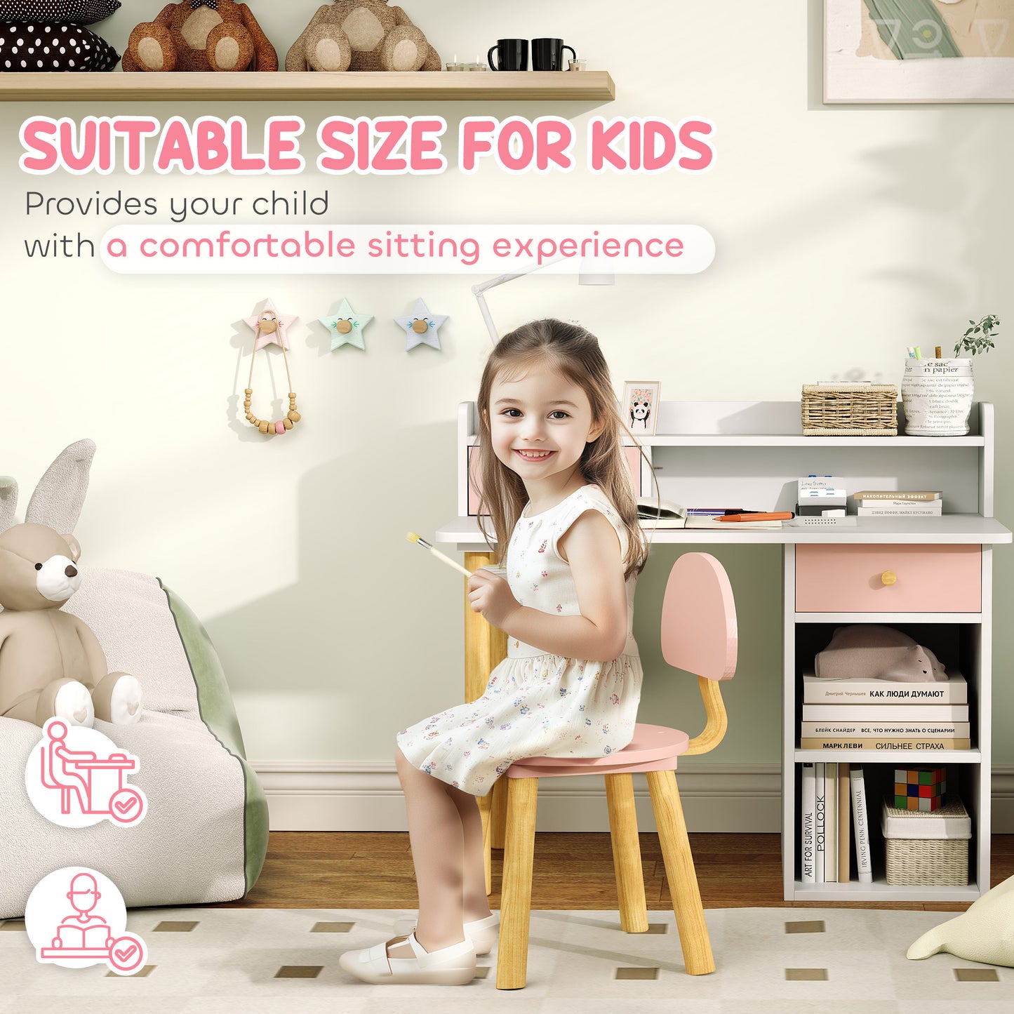 2 Pieces Children Study Table with Hutch, Kids Desk and Chair Set with Storage, Drawer, Shelves, Pink