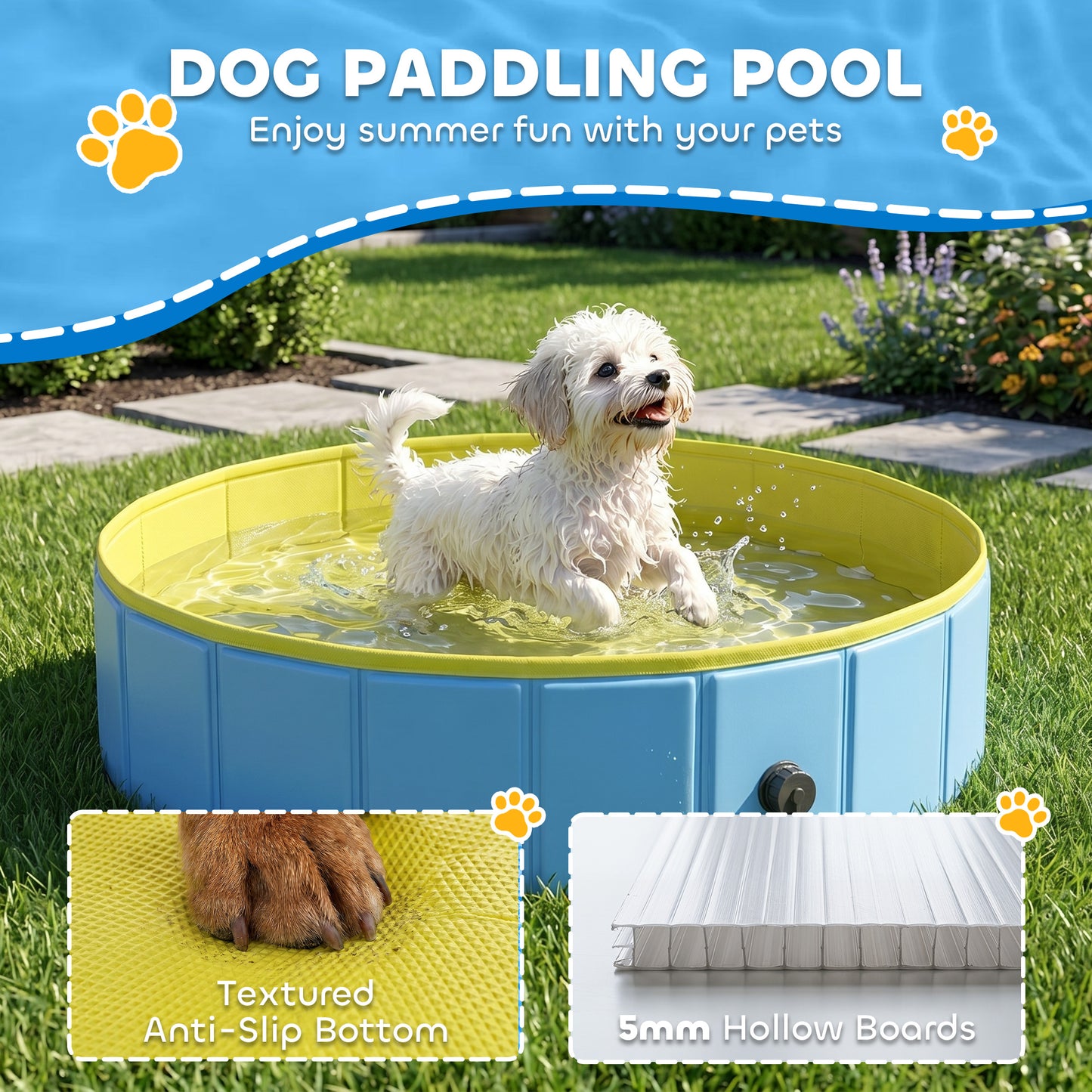 Foldable Dog Pool for Puppies and Ducks Dog Paddling Pool Bath Tub, Blue, 80 x 20 cm