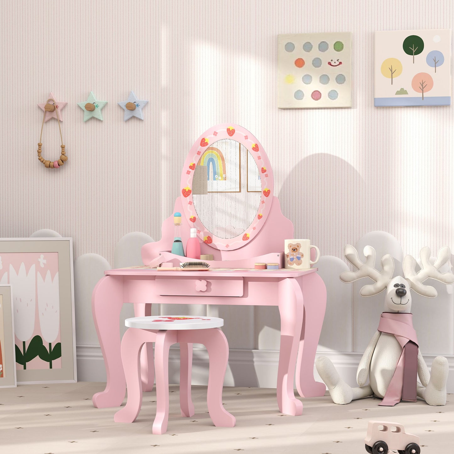 Kids Dressing Table Set, Vanity Table with Stool, Mirror, Drawer, Desktop, Storage, Strawberry-Theme, Pink