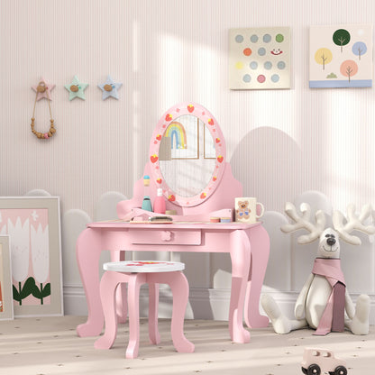Kids Dressing Table Set, Vanity Table with Stool, Mirror, Drawer, Desktop, Storage, Strawberry-Theme, Pink