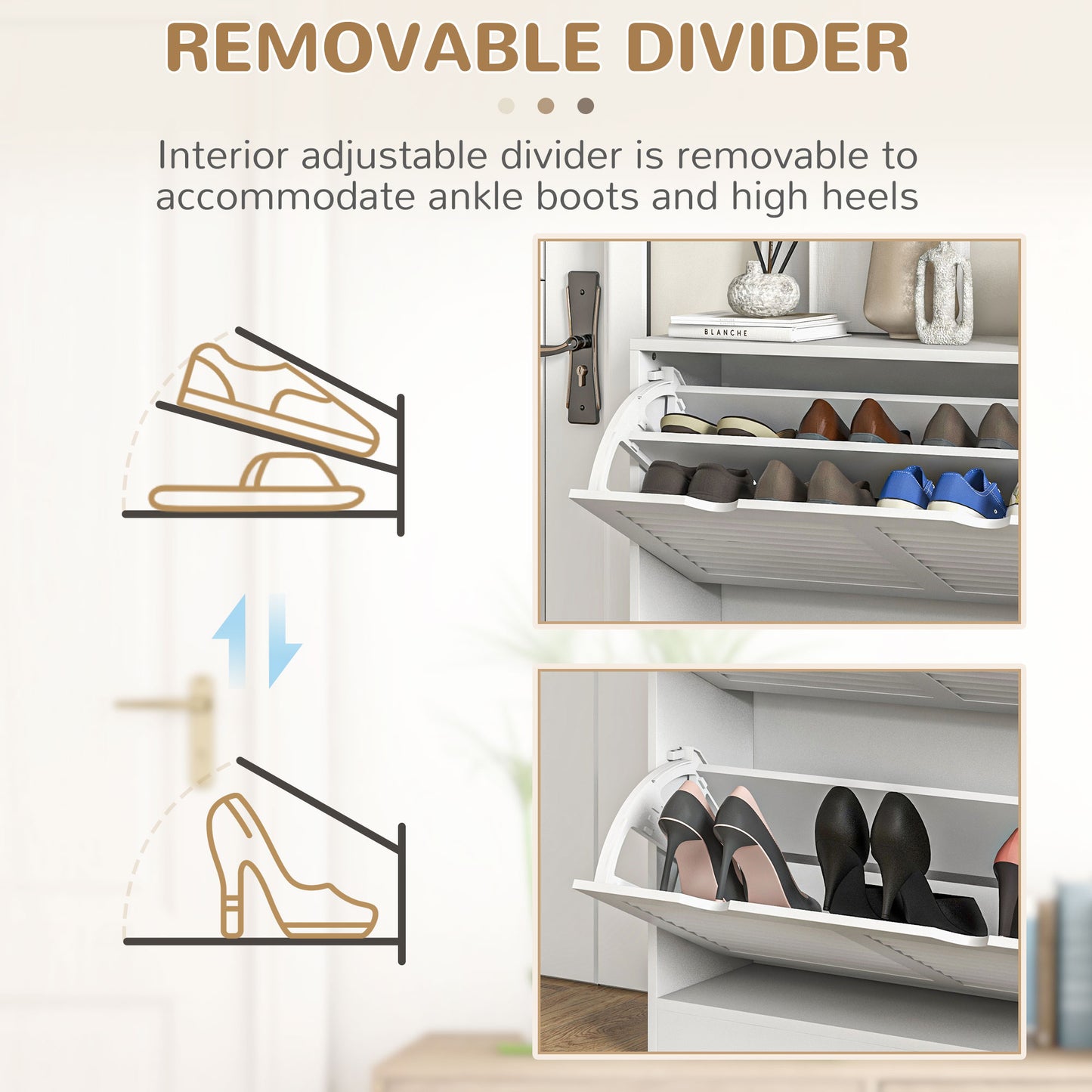 2 Drawers Entryway Shoe Cabinet, Narrow Shoe Storage Cabinet with 2 Flip Drawers