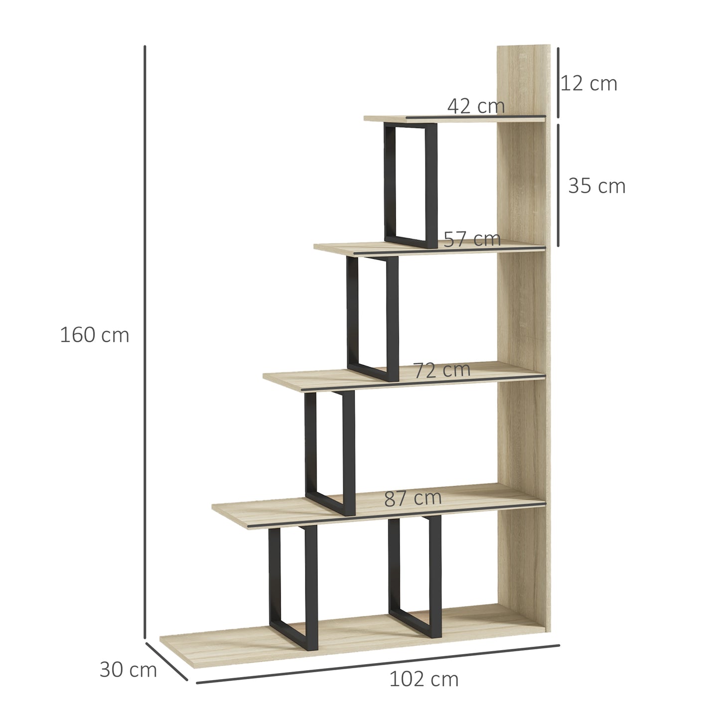 5-Tier Bookcase, Wooden Ladder Bookshelf Display Stand, Oak