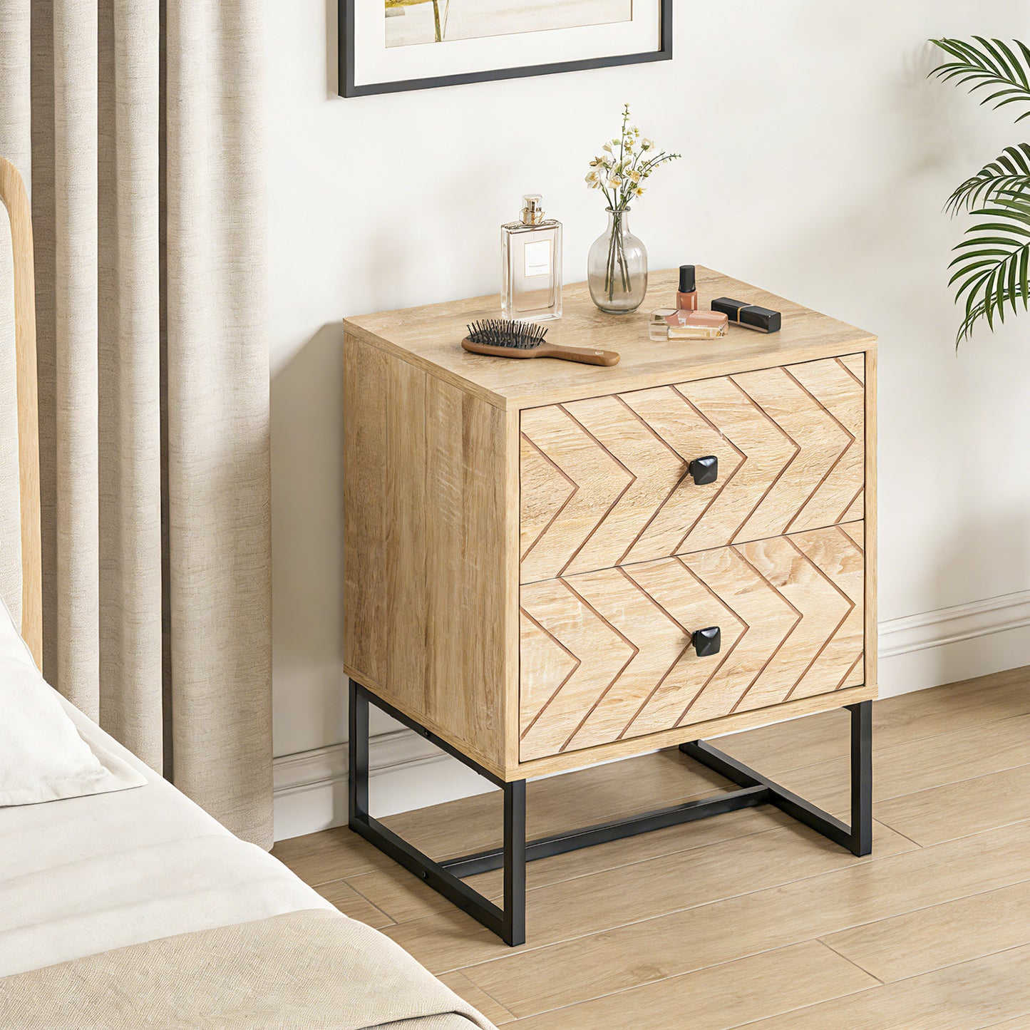 Bedside Table Nightstand Two-Drawer Bedroom Storage Unit Zig Zag Design with Black Metal Handles, Natural