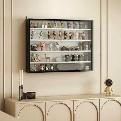 5-Tier Wall Display Cabinet, Wall Mounted Display Case w/ 4 Adjustable Shelves, Glass Doors, 60x80cm, Black and White