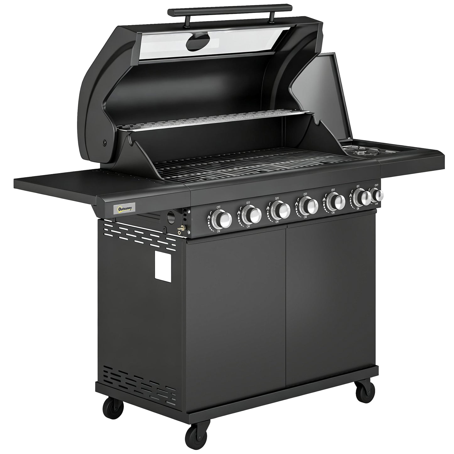 6+1 Burner Gas BBQ Grill, Outdoor Barbecue Trolley with Wheels, Warming Rack, Thermometer, Bottle Opener, Black