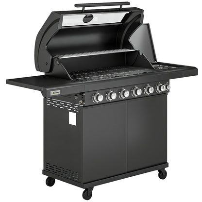 6+1 Burner Gas BBQ Grill, Outdoor Barbecue Trolley with Wheels, Warming Rack, Thermometer, Bottle Opener, Black