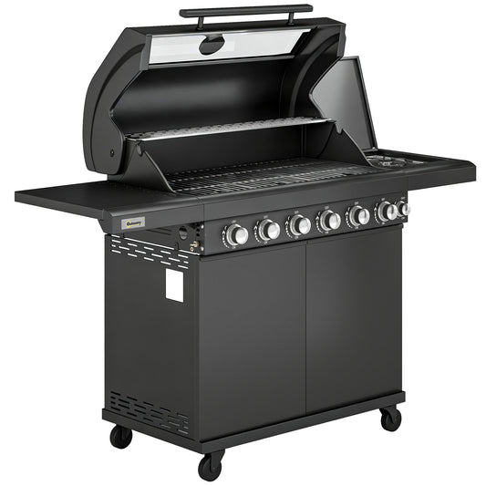 6+1 Burner Gas BBQ Grill, Outdoor Barbecue Trolley with Wheels, Warming Rack, Thermometer, Bottle Opener, Black
