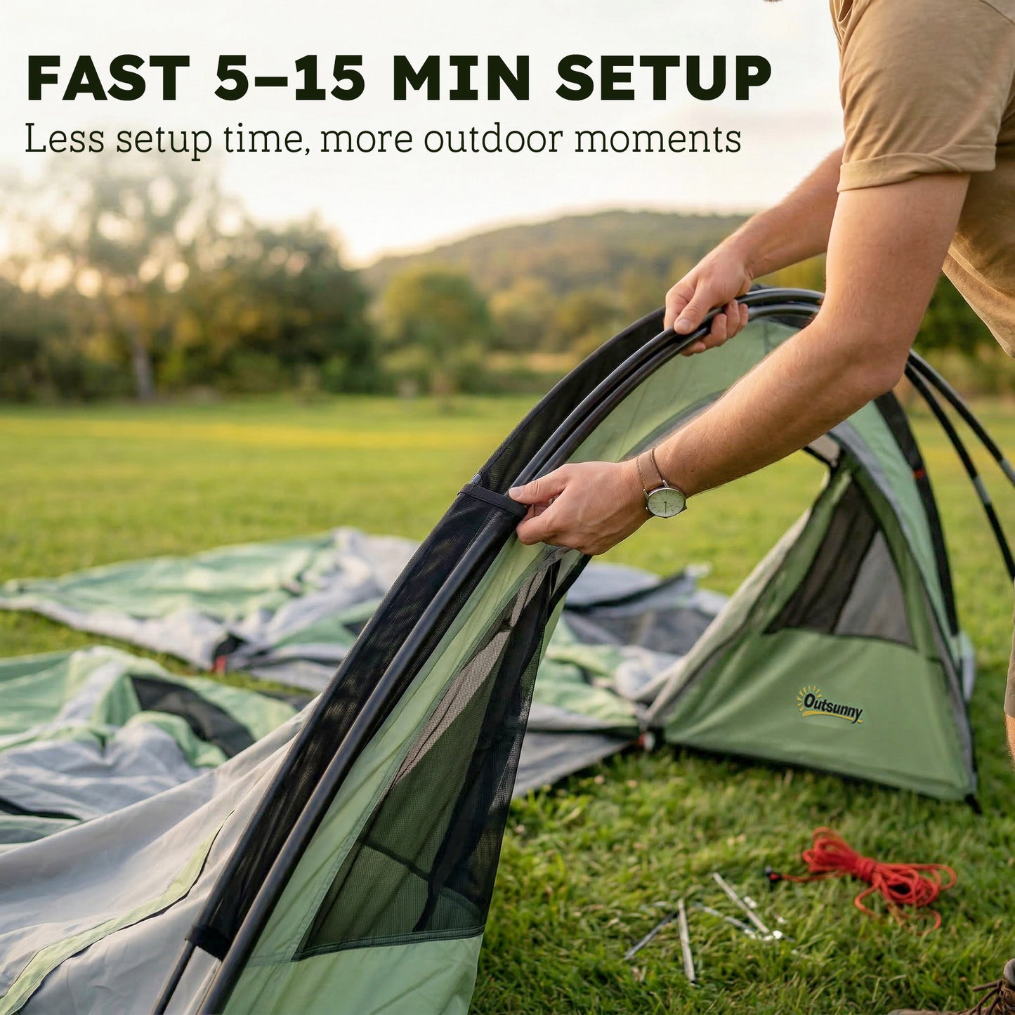 4 Person Easy Setup Family Camping Tent with 2 Rooms, Waterproof Tunnel Tent w/ Sewn In Groundsheet, Green & Grey