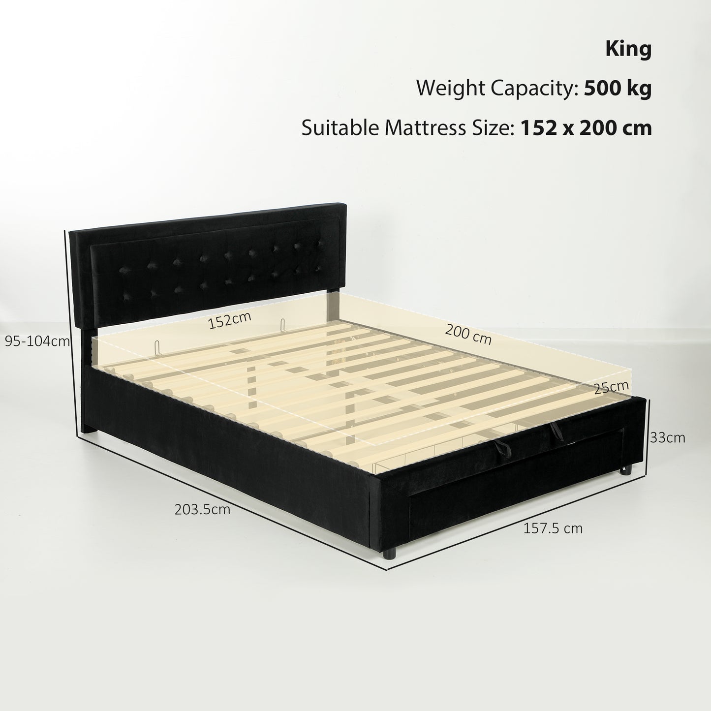 King Size Ottoman Bed Frame, with Front Drawer - Black