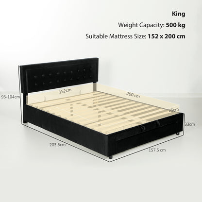 King Size Ottoman Bed Frame, with Front Drawer - Black