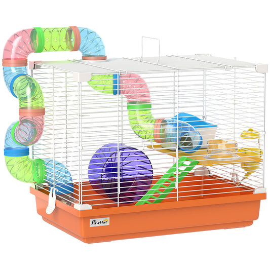 2 Tier Hamster Cage, Gerbil Cage with Handle, Exercise Wheels, Tunnel, Water Bottle, Dishes, Ladder, for Dwarf