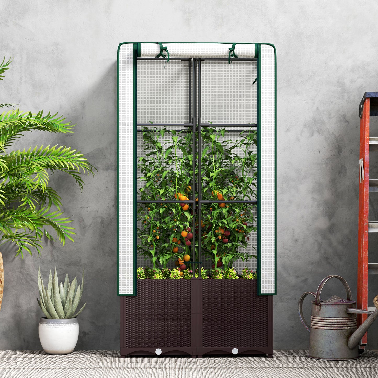 Raised Garden Bed with Trellis, Plastic Planter Box with PE Cover, Drainage Holes