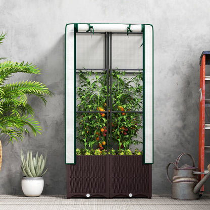 Raised Garden Bed with Trellis, Plastic Planter Box with PE Cover, Drainage Holes