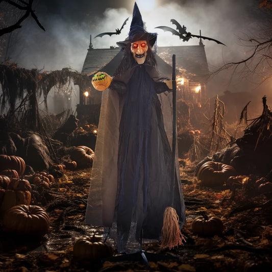 190cm - Witch with Broomstick and Glowing Eyes Halloween Decoration