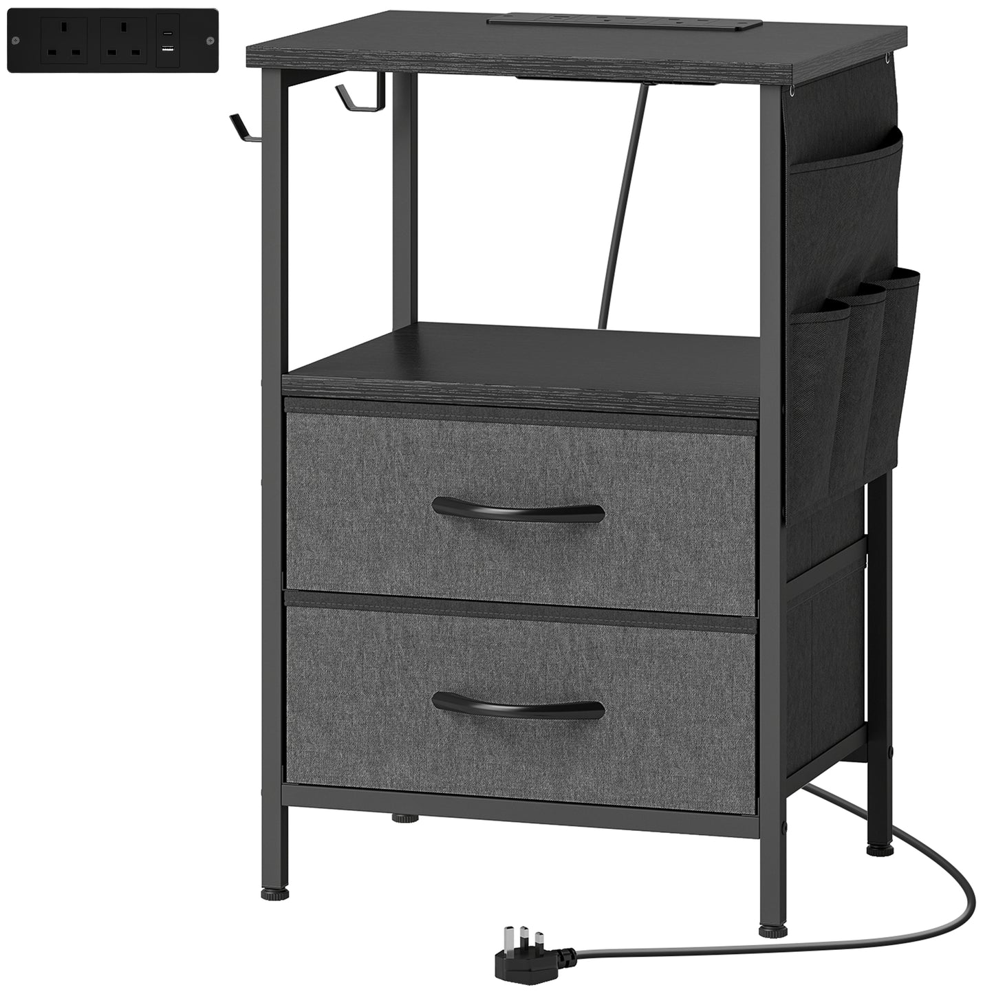 Bedside Table with Charging Station - Black