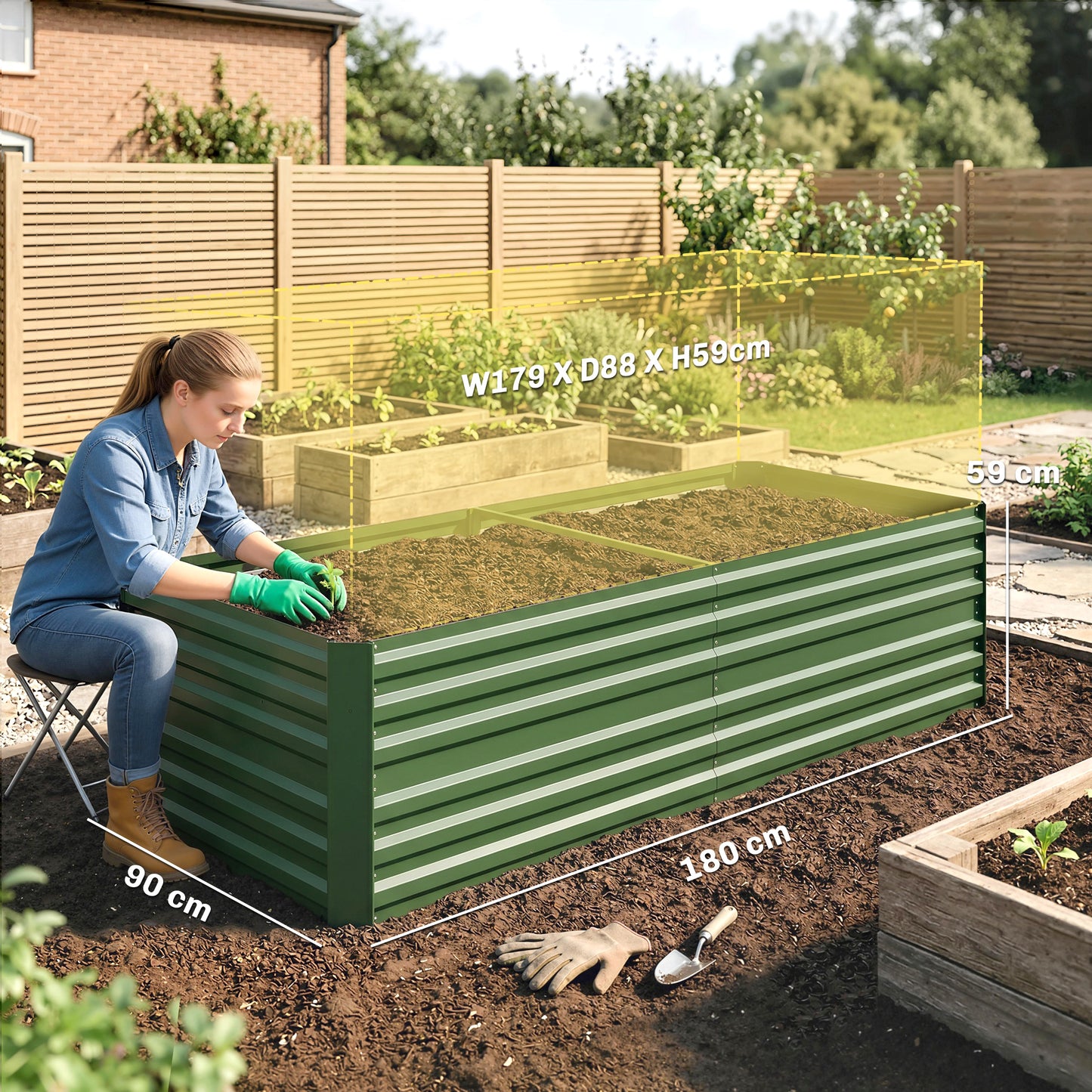 Raised Beds for Garden, Galvanised Steel Outdoor Planters with Multi-reinforced Rods, 180 x 90 x 59 cm, Green