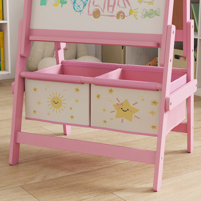 Art Easel for Kids, Double-Sided Whiteboard/Blackboard with Paper Roll, Two Storage Boxes, for Ages 3-8 Years, Pink