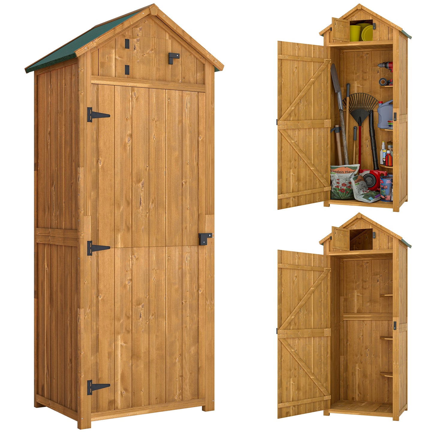 Garden Shed Wood Outdoor Garden Tool Storage Unit with 3 Detachable Shelves, 77 x 54.2 x 179cm, Brown