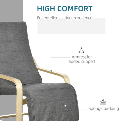Wooden Armchair, Upholstered Linen Lounge Chair with Adjustable Footrest & Removable Cushion, Poang Chair for Living Room
