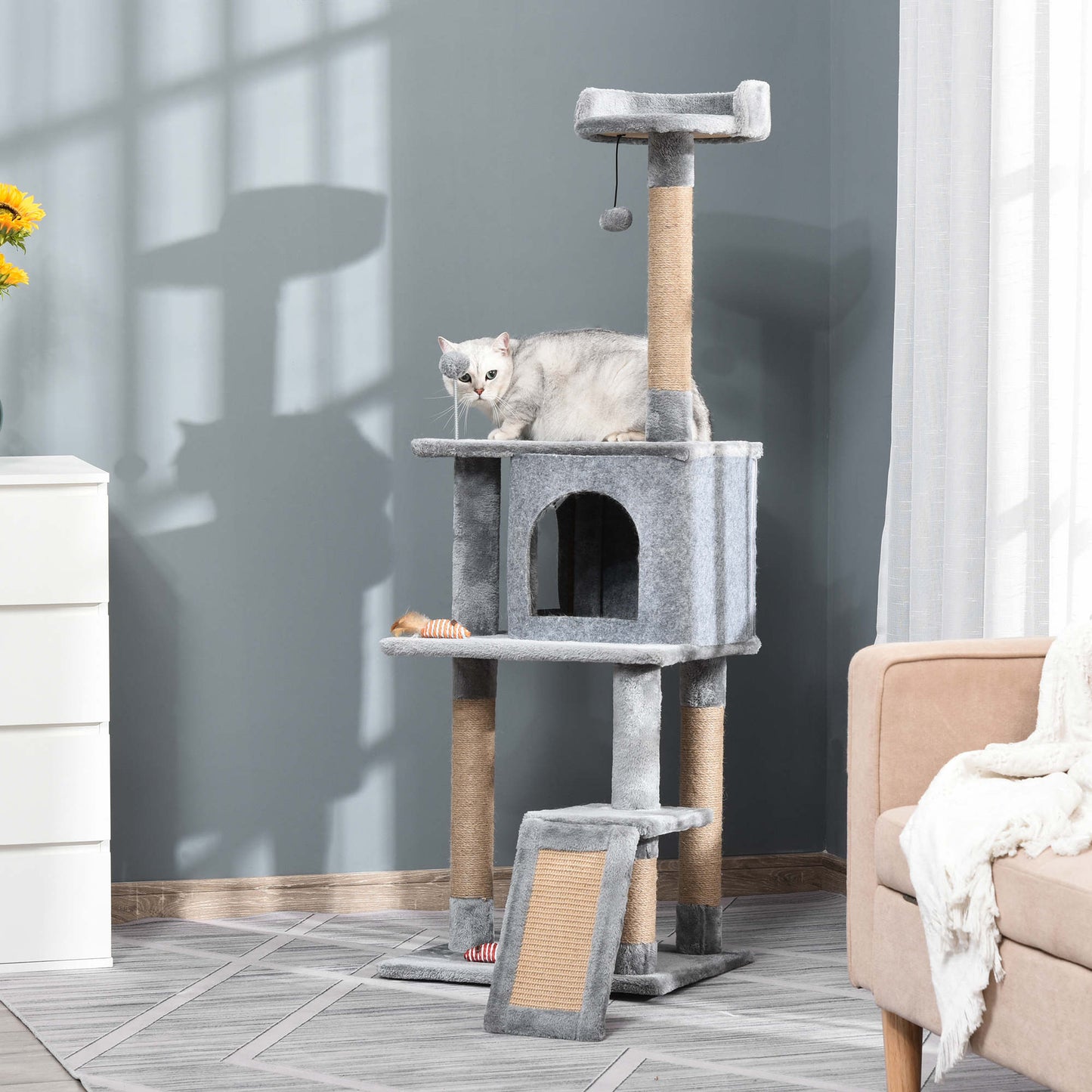 Cat Tree Tower 142cm Climbing Kitten Activity Center with Jute Scratching Post Board, Removable Felt Hanging Toy, Grey