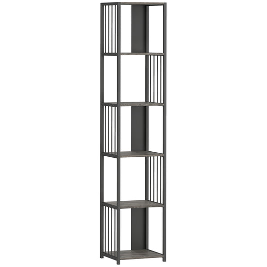 5-Tier Bookshelf with Steel Frame - Grey