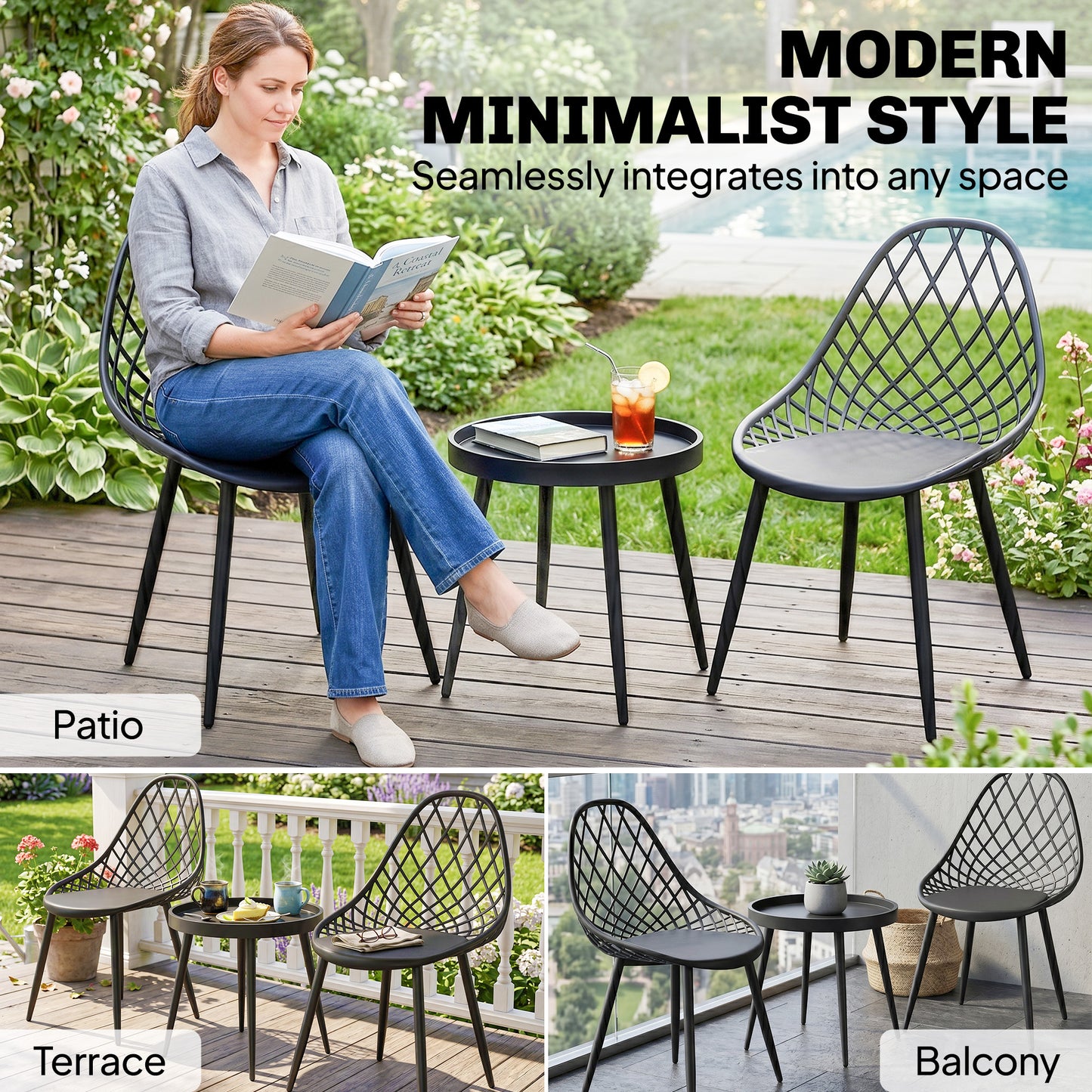 3-Piece Outdoor Bistro Set with 2 Chairs and Round Table for Garden, Balcony, Porch, Black