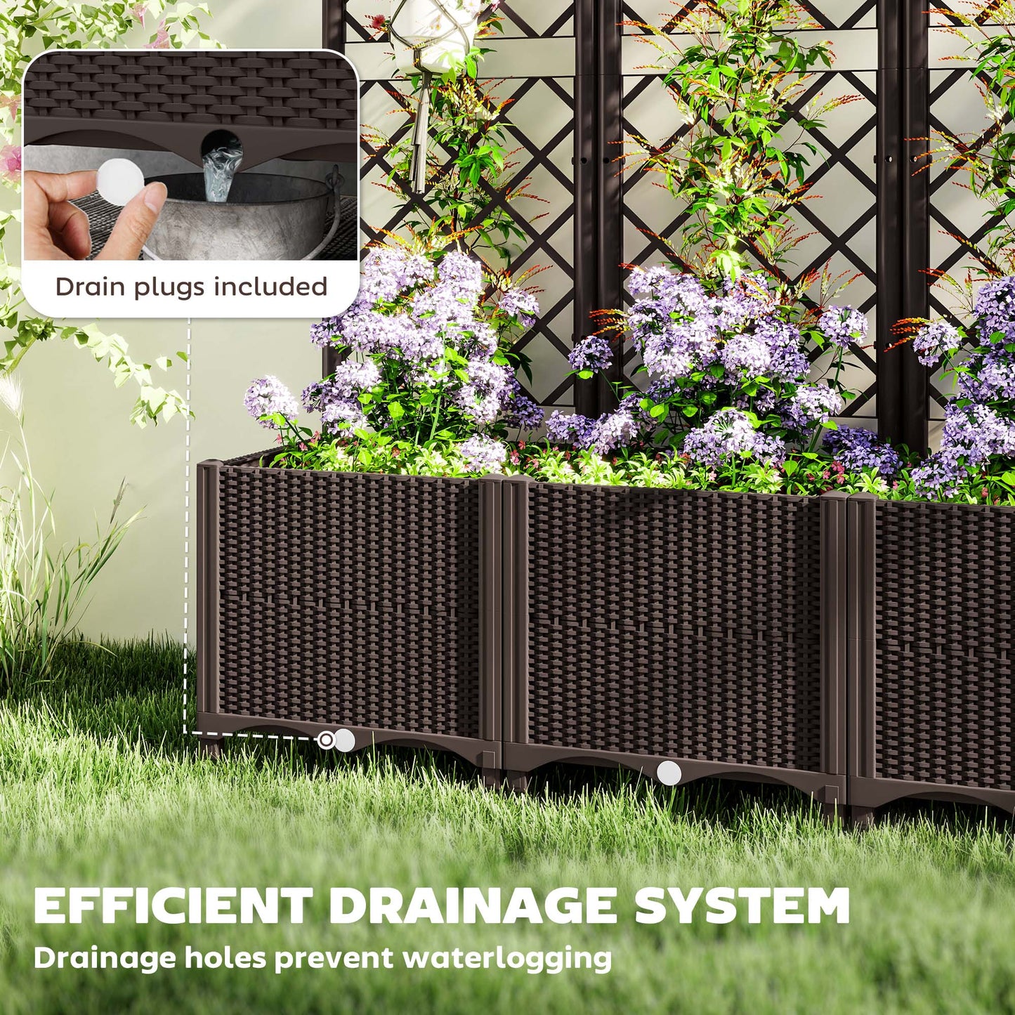 Raised Garden Bed with Trellis, Plastic Planter Box with Drainage Holes