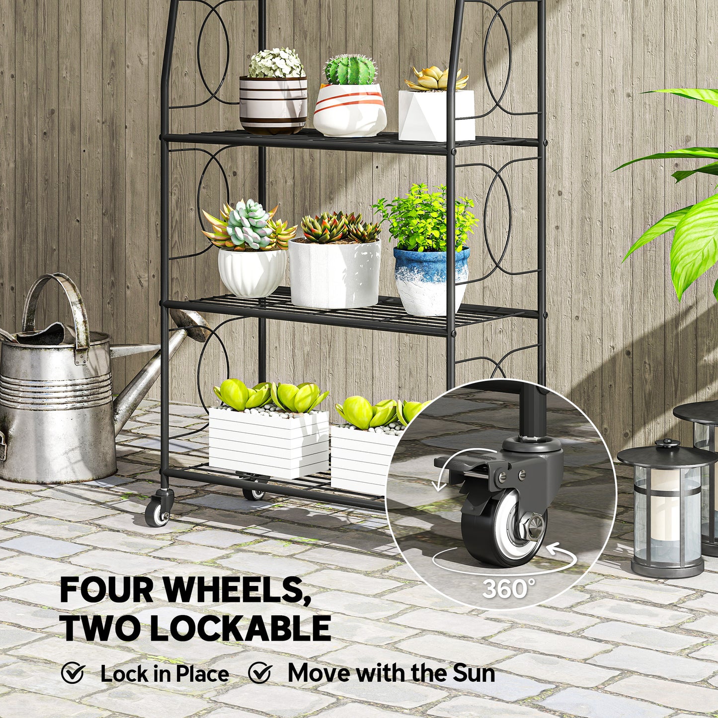 4-Tier Metal Plant Stand, Heavy Duty Ladder Shelf Potted Plants Display Rack with Lockable Wheels